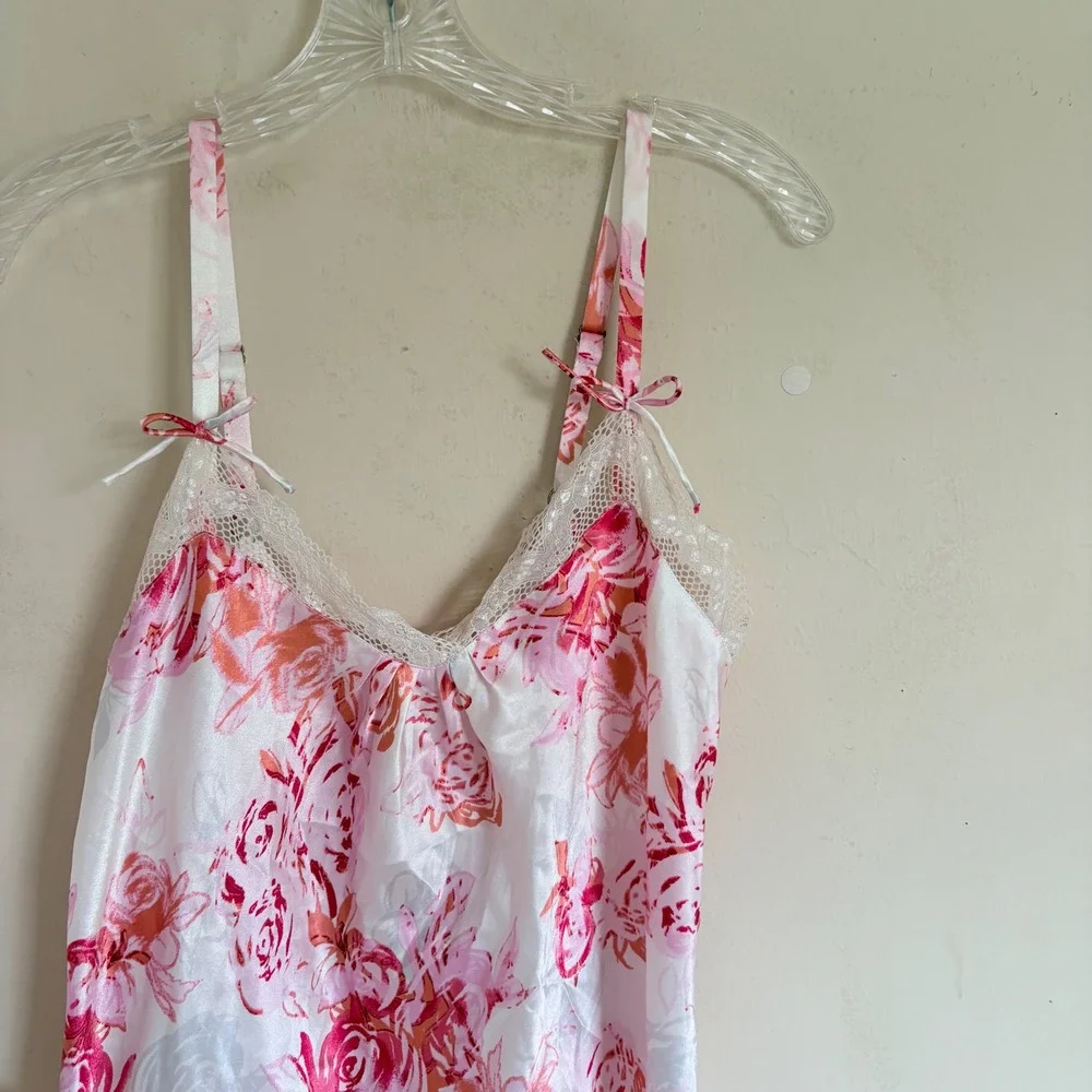 Oscar de la Renta Pink Floral Satin Lace Trim Nightgown Chemise